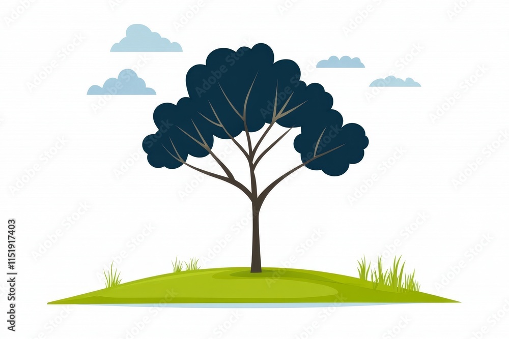 Poster a simple flat vector design of a tree with a green canopy, illustrated with abstract shapes and clea