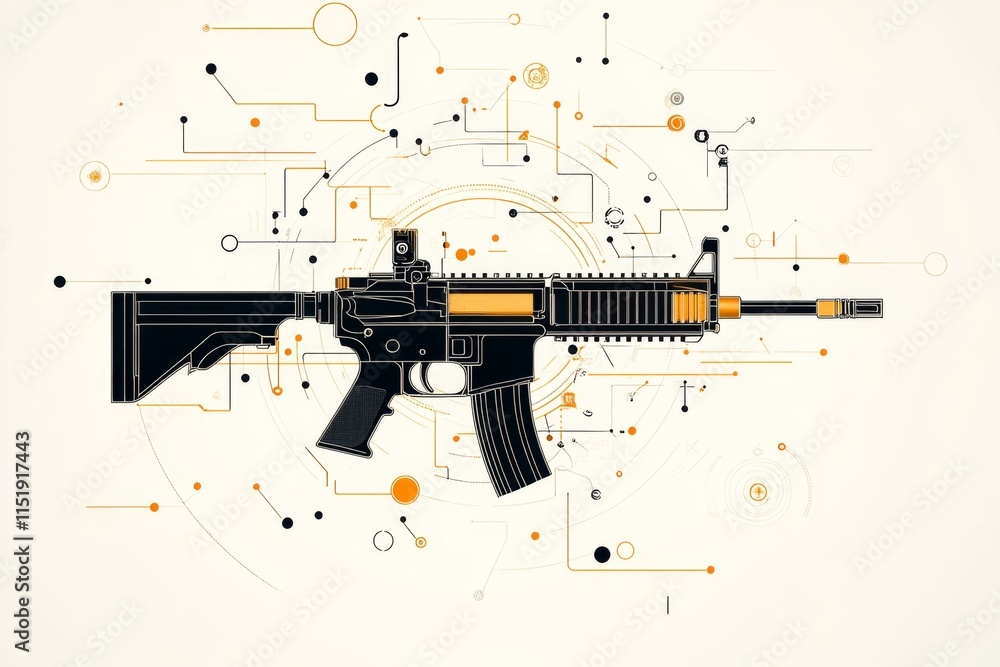 Poster A simple graphic of a rifle with abstract shapes, rendered in monotone for a modern and sleek look