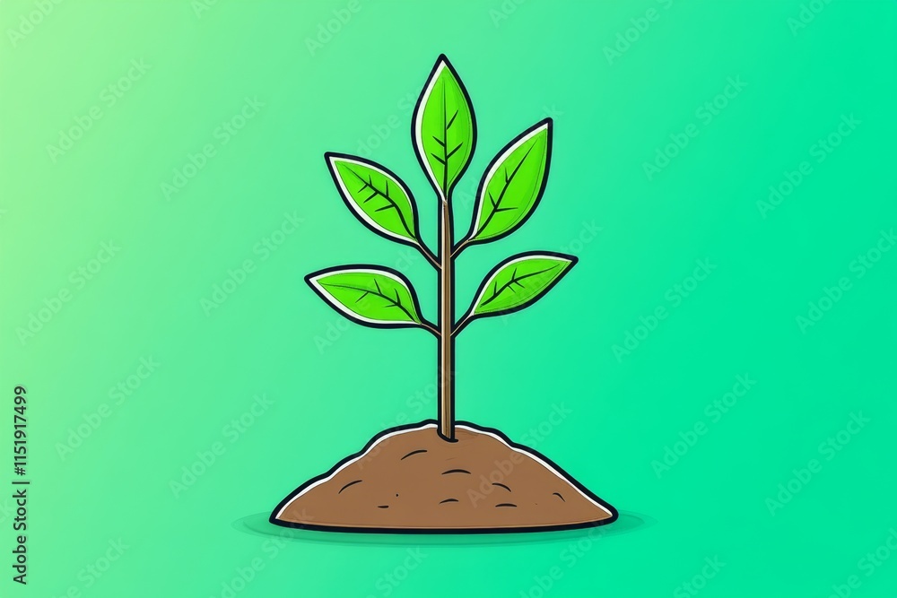 Poster a simple illustration of a seedling growing out of the soil, with clean lines and a green gradient b