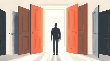 Fototapeta premium A man stands in front of an open door, and behind him stand three closed doors.