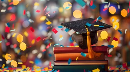 Graduation Cap on Books Surrounded by Colorful Confetti Celebration