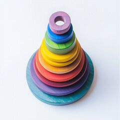 Multi-colored wooden children's toy circular pyramid on white background