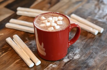 A cozy red mug filled with hot chocolate topped with marshmallows, surrounded by white stick candies on a wooden surface.