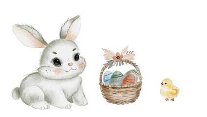 Cute Watercolor rabbit Easter eggs hand paint,Cartoon Bunny isolated on white background