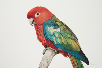 Fototapeta premium Bunter Papagei auf einem Ast, künstlerisch mit lebendigen Farben dargestellt.