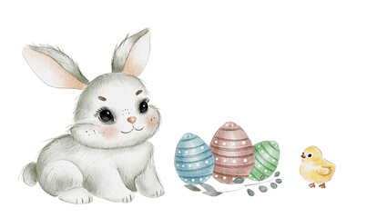 Cute Watercolor rabbit Easter eggs hand paint,Cartoon Bunny isolated on white background