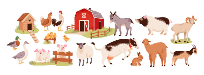 Farm animals, cow, pigs, chickens and  livestock in a rustic barnyard. Sustainability and rural. Flat vector illustration.