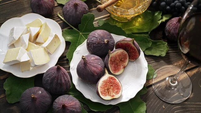 Cheese Platter With Camembert Brie, Healthy Juicy Organic Figs, Honey And Grapes