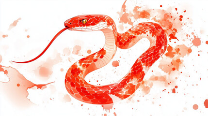Obraz premium This ethereal vector illustration features a vibrant red snake surrounded by soft, pastel watercolor splashes, creating a dreamy and artistic atmosphere.