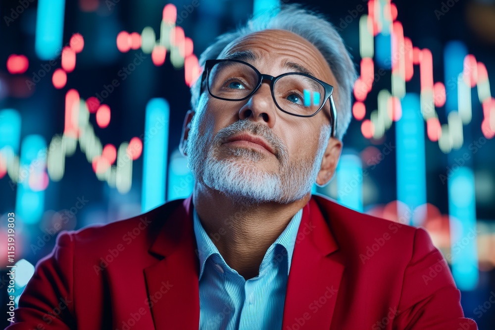Poster A stock market trader examining a screen filled with live graphs, showing rising and falling trends with glowing details