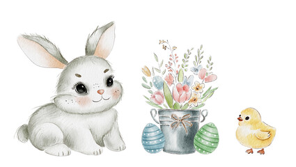 Cute Watercolor rabbit Easter eggs hand paint,Cartoon Bunny isolated on white background