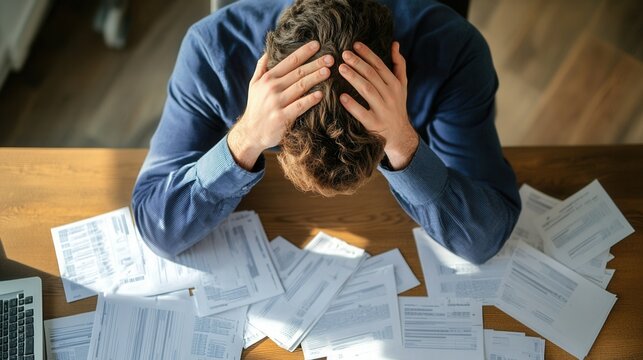 Overwhelmed Executive Amidst Overdue Invoices, a scene of stress and financial burden in a corporate environment