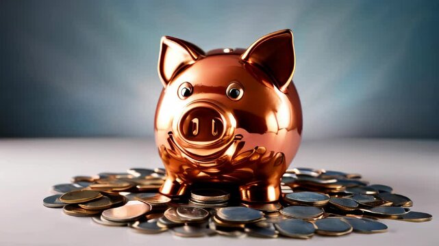 Shiny copper piggy bank surrounded by scattered coins on white background with soft lighting. Savings and financial planning concept.