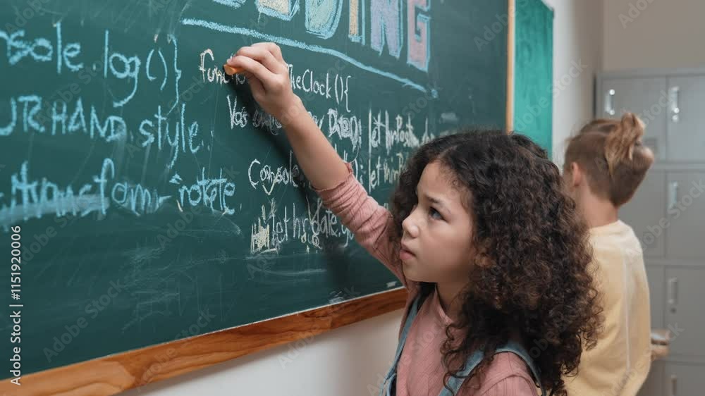 Poster american student studying coding engineering prompt while writing answer on blackboard. intelligence