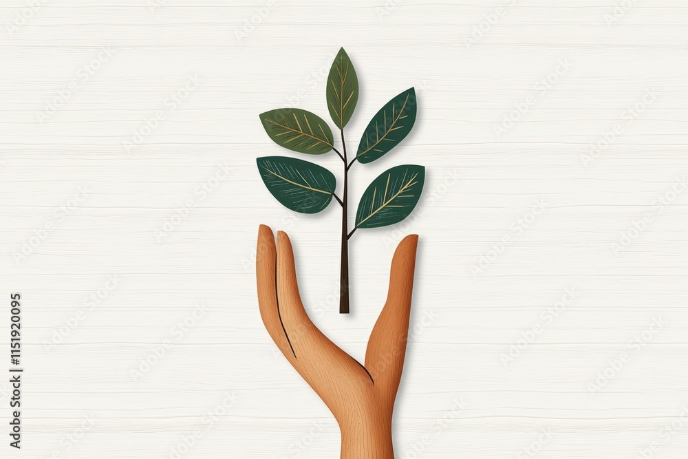 Poster a stylized green eco-friendly icon featuring a sapling growing from a hand, drawn in bold and simple