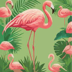 Fototapeta premium ピンクのフラミンゴと緑の背景のベクターイラスト