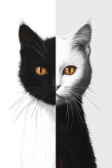 Minimalist illustration of two cats in contrasting black and white tones with colorful backgrounds, perfect for animal-themed decoration or design