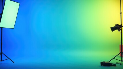 Studio Set Up with Blue and Green Gradient Backdrop and Photography Equipment