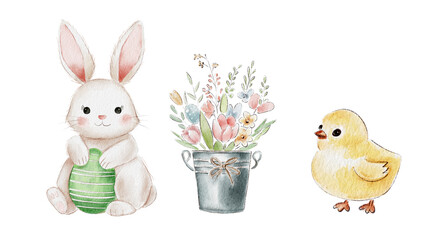 Cute Watercolor rabbit Easter eggs hand paint,Cartoon Bunny isolated on white background