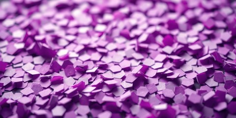 Obraz premium A vibrant purple confetti backdrop with a shallow depth of field, showcasing a multitude of hexagonal shapes scattered across the surface.
