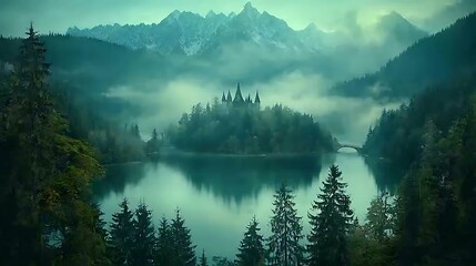 Misty Mountain Lake Castle Scene