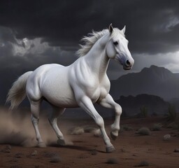 Obraz premium A white horse gallops through a dark and stormy desert night, horse, white, stormy desert night