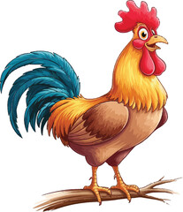 Watercolor vector of a cartoon rooster animation, isolated on a white background, eps.
