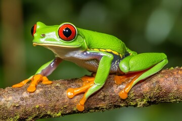 A vibrant green tree frog clinging to a leaf, its bright eyes contrasting with the lush greenery around it