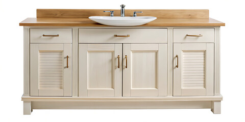Stylish bathroom vanity features a light-colored finish with a wooden countertop and a round ceramic sink, providing both functionality and aesthetic appeal in modern interiors