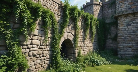 lush greenery and vines covering an old stone castle wall, architecture, greenery, nature