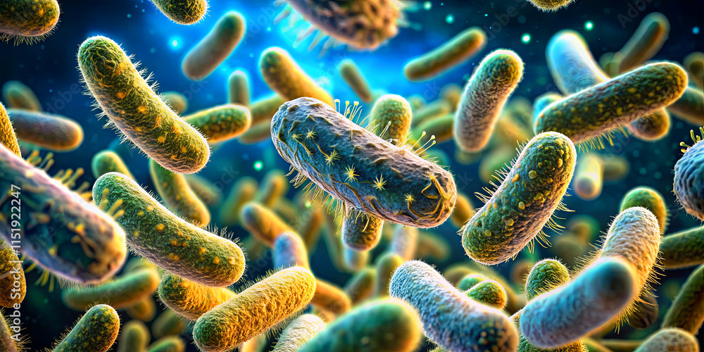 Poster this visual showcases numerous bacteria floating in a colorful microscopic environment. the intricat