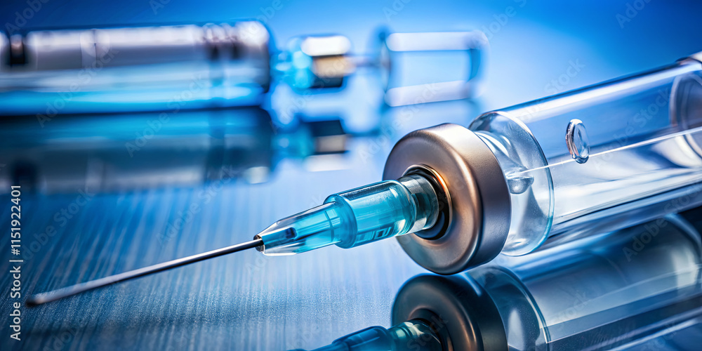 Poster a syringe with a clear solution is positioned next to a vial, both reflecting light in a clinical en