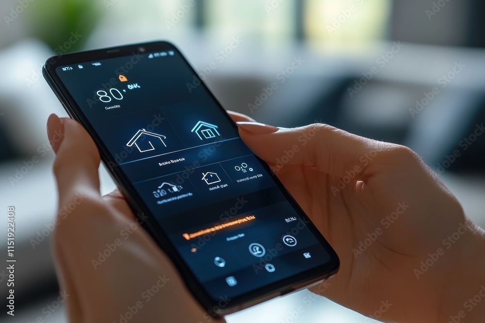 Poster smart device controls temperature and home settings from mobile app interface