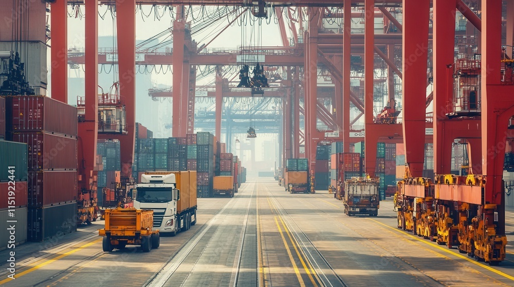 Poster dynamic container port operations, workers coordinating unloading, cranes lifting containers, trucks