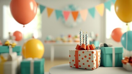 A vibrant birthday scene featuring a decorated table with a gift box, balloons, and festive banners, creating a joyful atmosphere.