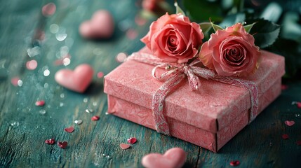 A beautifully wrapped gift adorned with pink roses and heart-shaped decorations, creating a romantic and festive atmosphere.