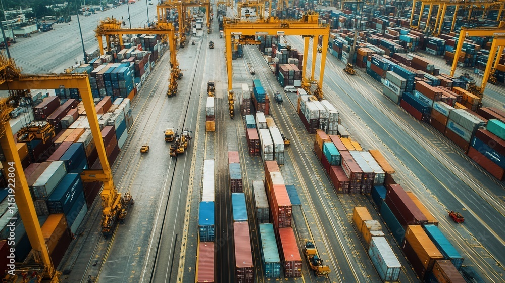 Poster dynamic port operations featuring workers efficiently transporting containers while adhering to safe