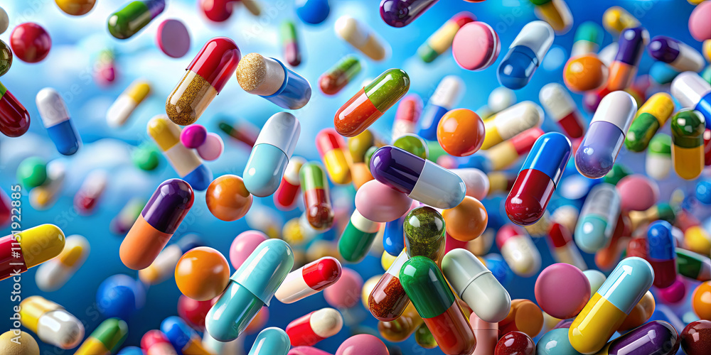 Poster a vibrant collection of various pills and capsules floats in mid-air, featuring an array of colors a