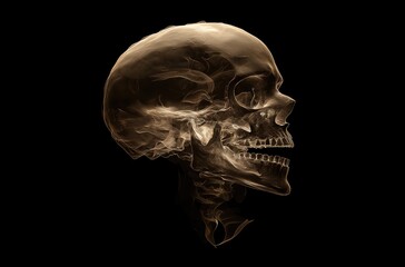 A skull made of smoke, half in shadow, against a dark background.