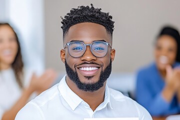 A young professional receiving a promotion certificate in an office, with colleagues clapping and smiling in the background