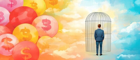 A man stands in a cage, contemplating freedom and financial dreams amidst colorful lottery balls.