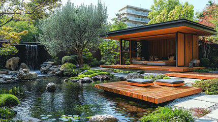 Serene Japanese Garden Pavilion: Tranquil oasis featuring a modern wooden pavilion nestled amidst lush greenery, a serene pond, and a cascading waterfall.