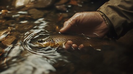 Fototapeta premium A Fisherman Holding a Brown Trout in a River