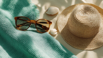 Straw hat, sunglasses, and turquoise towel with seashells on sandy beach