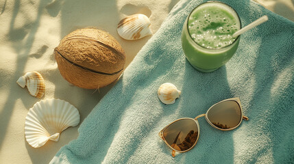 Green smoothie, coconut, and seashells on a sandy towel with summer light