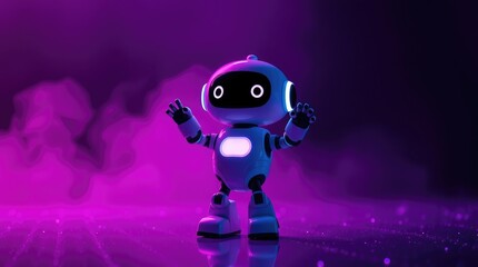 A charming robot captivates the audience with its energetic dance routines, illuminated by radiant purple lights in a high-tech environment, creating an enchanting atmosphere