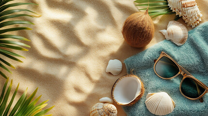 Coconut and seashells with sunglasses on a sandy towel under tropical shadows