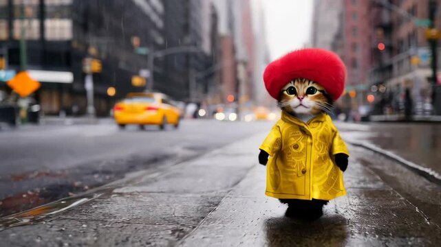 Photorealistic video of an anthropomorphic Mankikon stumpy kitten walking down a street in New York wearing a yellow raincoat costume. The kitten is wearing a fluffy red hat.