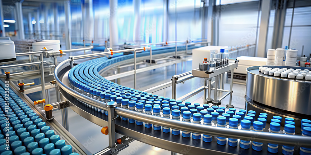 Aufkleber a busy bottling line operates inside a modern factory. workers manage the efficient movement of bott