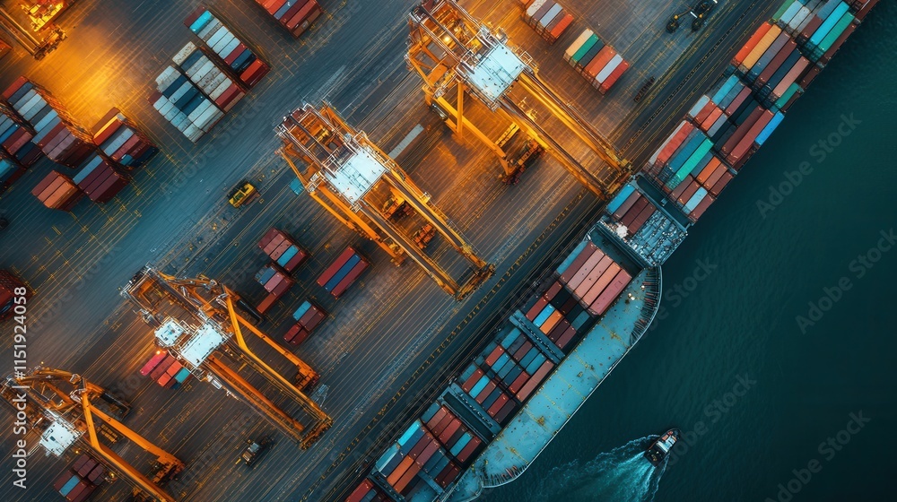 Aufkleber container terminal operations, bustling workers skillfully unloading containers, seamless coordinati